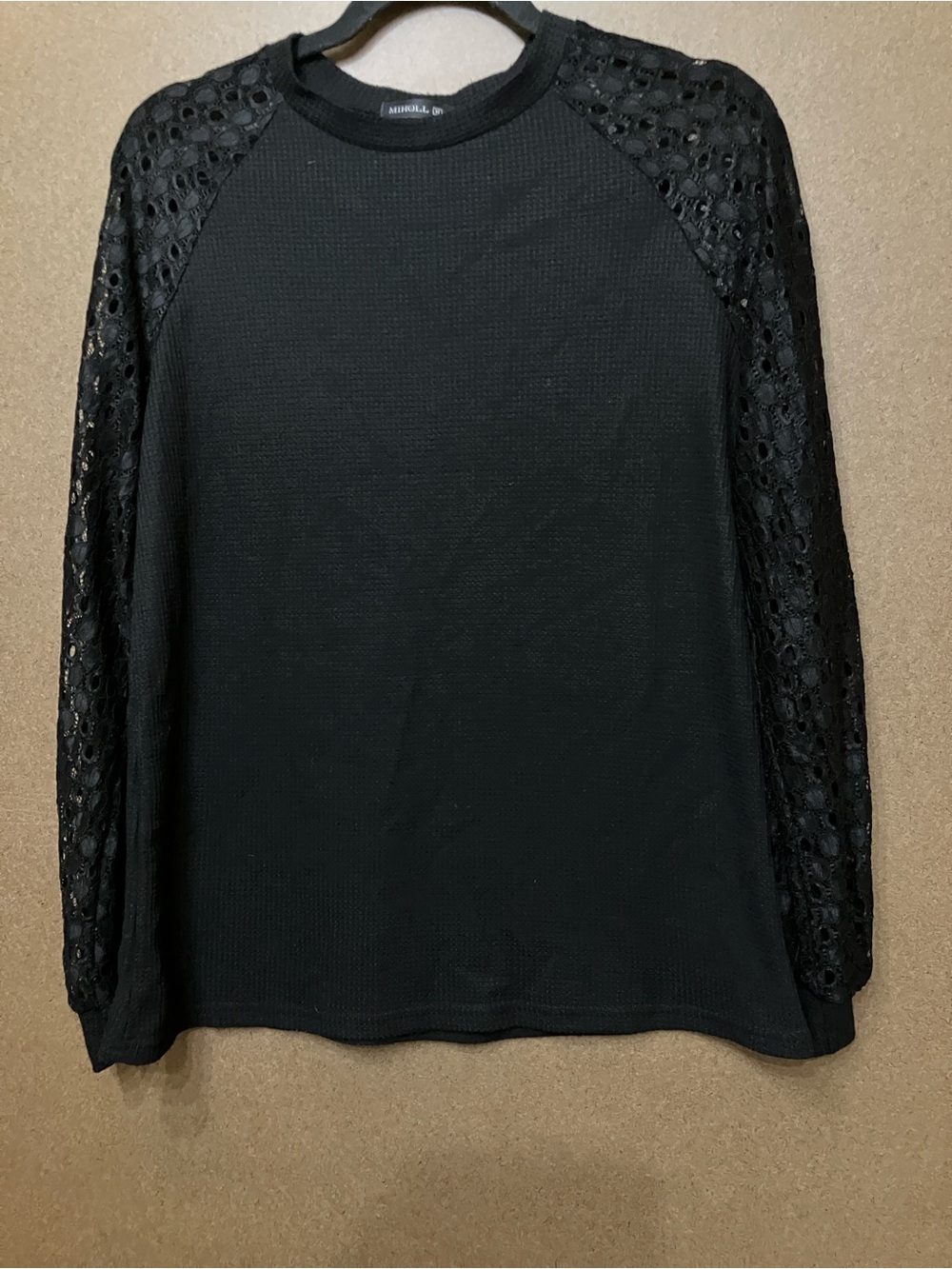 Waffle Knit Long Sleeve Top with Lace Sleeves - Black - Picture 9 of 9